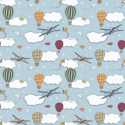 Modèle vectorielle continue, ballons à air chaud dessinés à la main, battant dans le ciel bleu, modèle pour les arrière-plans, papier d'emballage, tissus et autres conceptions