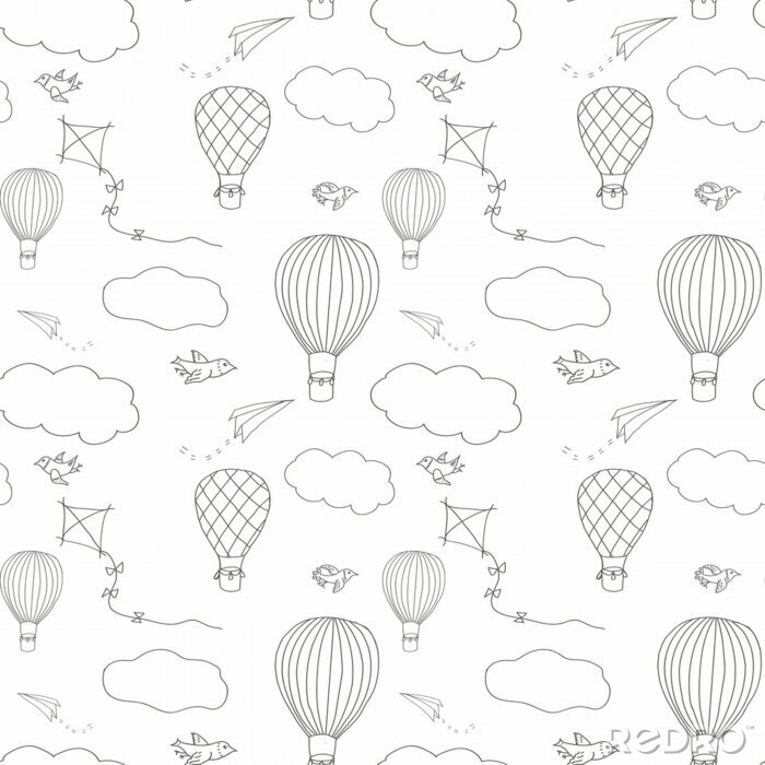 Poster  Modèle vectorielle continue, ballons à air chaud dessinés à la main, battant dans le ciel bleu, modèle pour les arrière-plans, papier d'emballage, tissus et autres conceptions