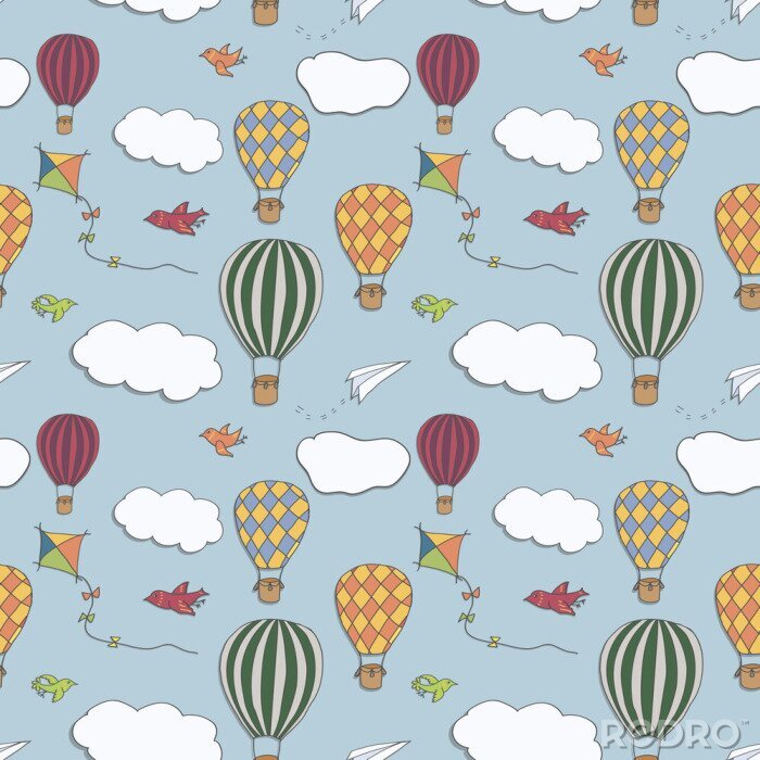 Poster  Modèle vectorielle continue, ballons à air chaud dessinés à la main, battant dans le ciel bleu, modèle pour les arrière-plans, papier d'emballage, tissus et autres conceptions