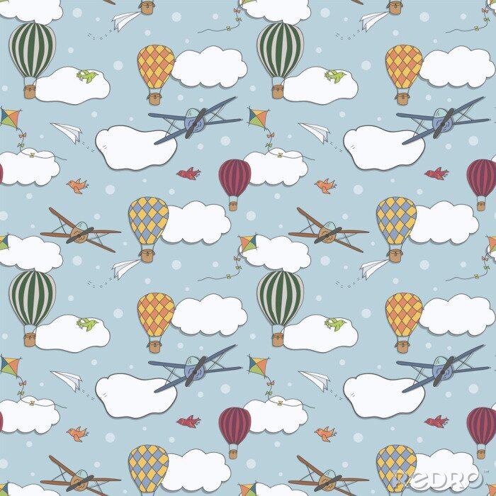 Poster  Modèle vectorielle continue, ballons à air chaud dessinés à la main, battant dans le ciel bleu, modèle pour les arrière-plans, papier d'emballage, tissus et autres conceptions