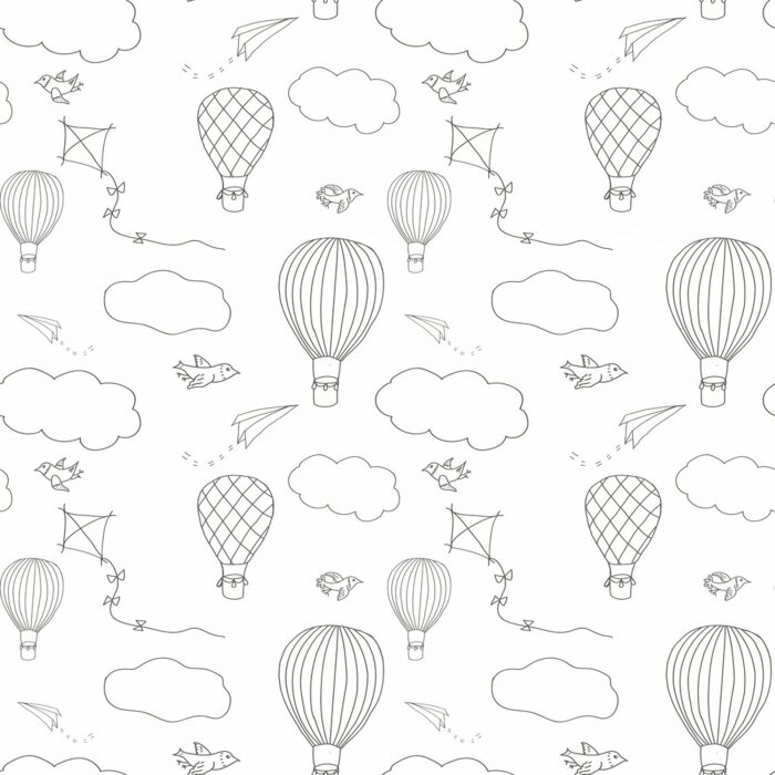 Poster  Modèle vectorielle continue, ballons à air chaud dessinés à la main, battant dans le ciel bleu, modèle pour les arrière-plans, papier d'emballage, tissus et autres conceptions