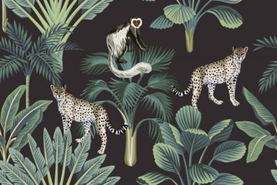 Papier peint à motif  Modèle vintage avec des animaux sauvages dans la jungle