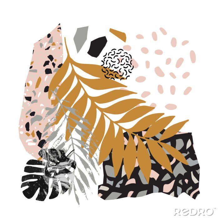 Poster  Modern vector illustration with tropical leaves, grunge, marbling, terrazzo flooring textures, doodles, minimal elements.