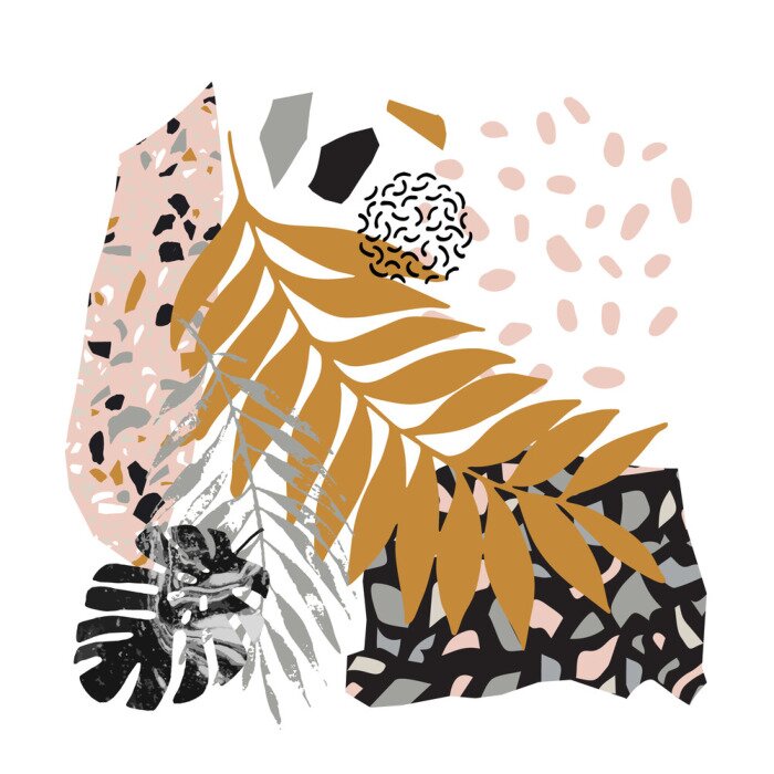 Poster  Modern vector illustration with tropical leaves, grunge, marbling, terrazzo flooring textures, doodles, minimal elements.