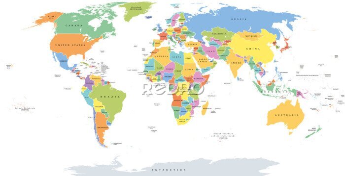 Poster  Mondial unique carte politique états avec des frontières nationales. Chaque région du pays avec sa propre couleur. Illustration sur fond blanc sous la projection de Robinson. Étiquetage anglais.