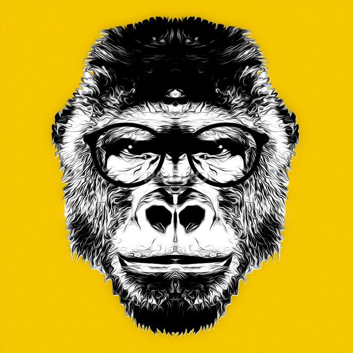 Poster  Monkey head black and white illustration on  background, digital art 