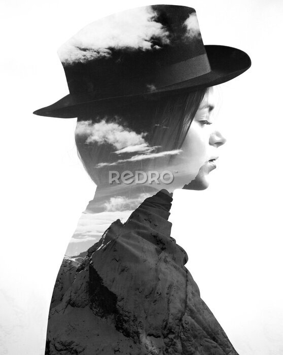 Poster  Monochrome, double, exposition, girl, Porter, chapeau, profil, montagnes, paysage