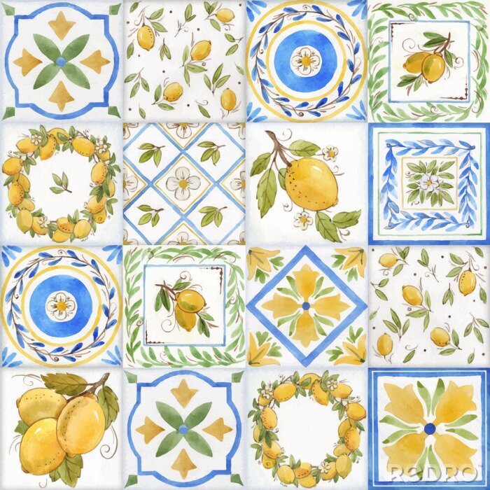 Poster  Mosaïque carrelée avec olives et fleurs