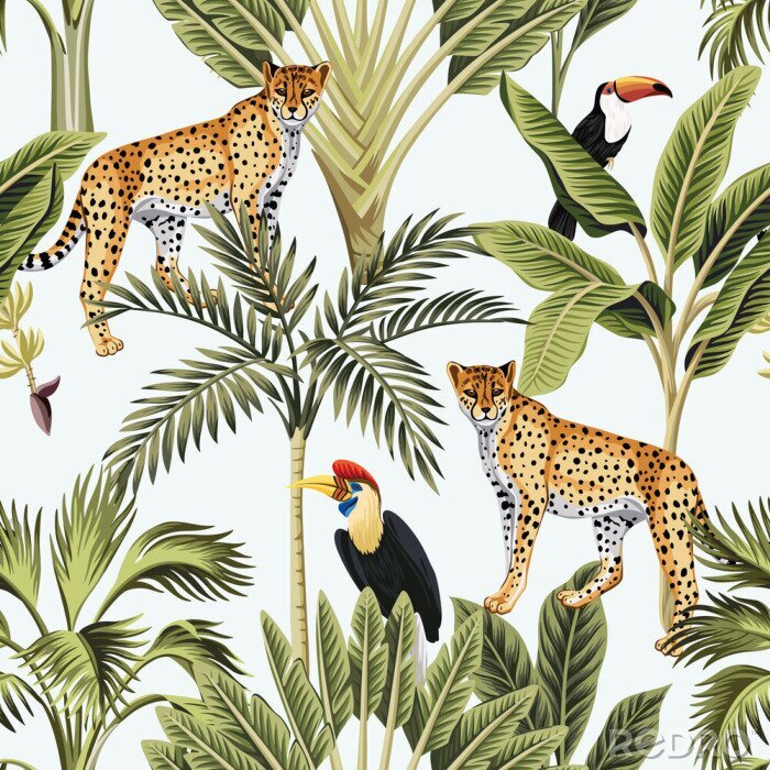Poster  Mosaïque d'animaux tropicaux et de feuilles