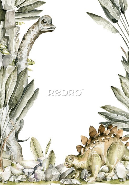 Poster  Motif aquarelle avec des dinosaures sur fond blanc