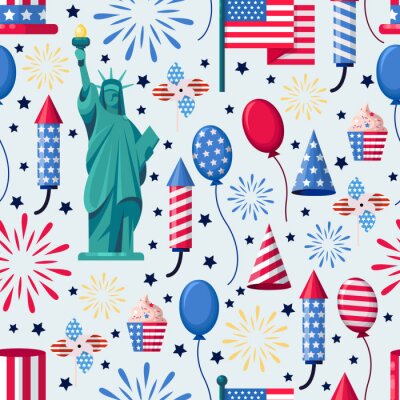 Motif blanc sans couture de vacances USA. Fond d'impression de vecteur Symboles nationaux américains, célébration fête de l'indépendance