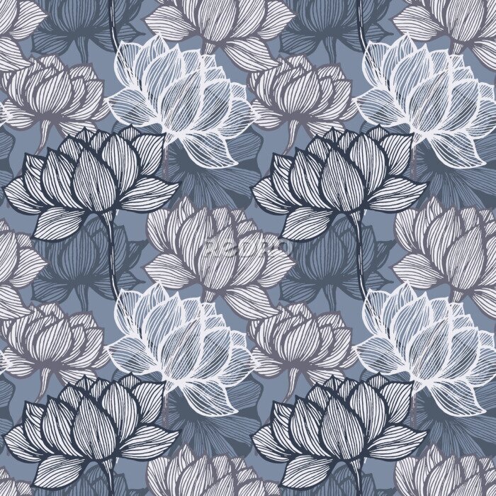 Poster  Motif bleu-gris avec des fleurs