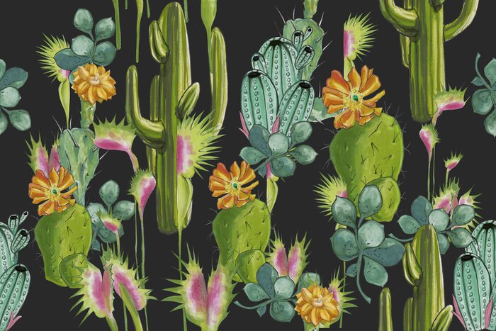 Poster  Motif cactus sur fond noir