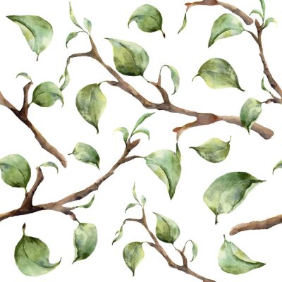 Motif d'aquarelle avec des branches d'arbre et des feuilles. Main, peint, ressort, ornement, floral, éléments, feuilles, isolé, blanc, fond Pour la conception et le tissu