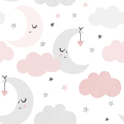 Motif de ciel mignon. Conception vectorielle continue avec sourire, lune endormie, coeurs, étoiles et nuages. Illustration de bébé.