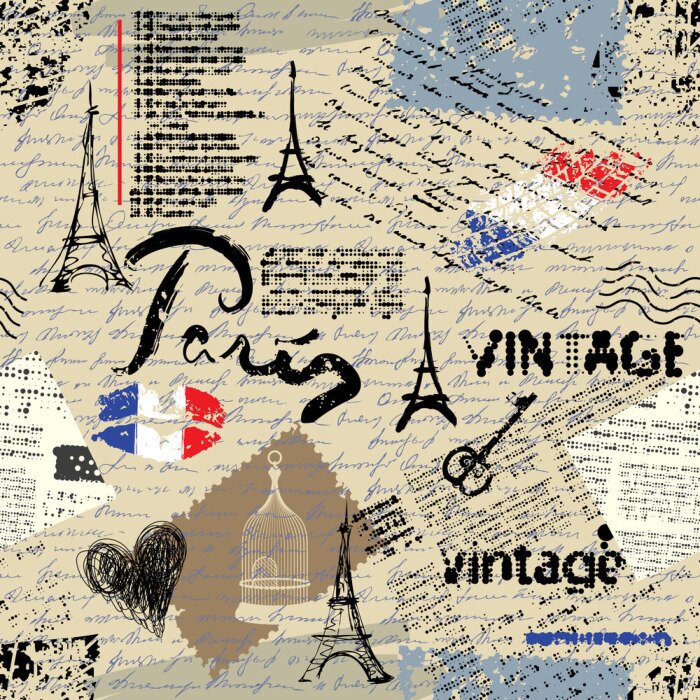Poster  Motif de fond sans couture. Imitation d'un collage de scrapbooking vintage avec un lettrage de Paris.