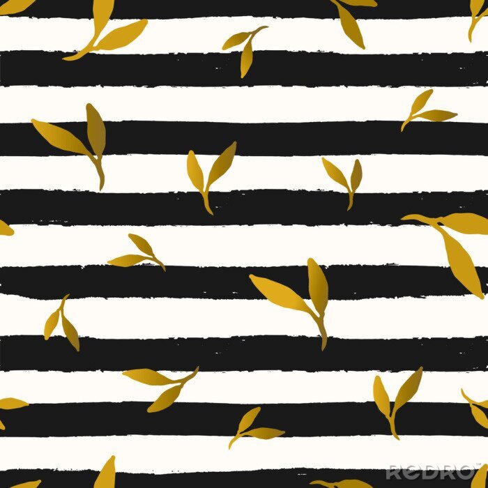 Poster  Motif de rayures noires et blanches et de feuilles