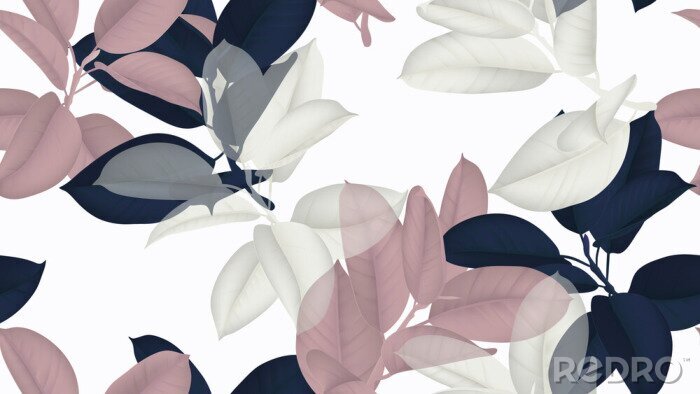 Poster  Motif floral sans couture, Ficus Elastica / caoutchouc bleu, rose et blanc sur fond blanc