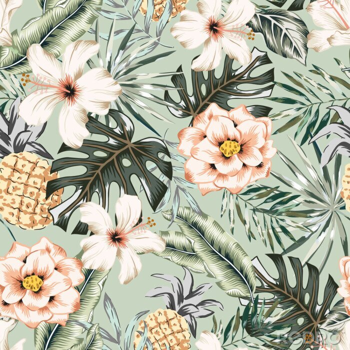 Poster  Motif floral tropical avec des monsteras et des feuilles de bananier