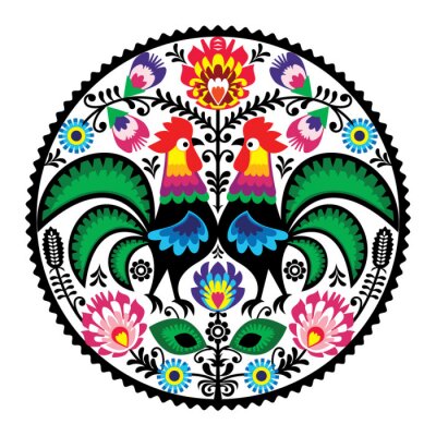 Poster  Motif folklorique avec des fleurs et des coqs dans le style de Łowicz