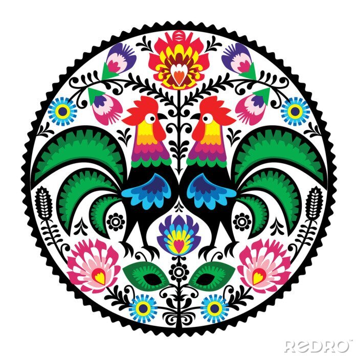 Poster  Motif folklorique avec des fleurs et des coqs dans le style de Łowicz