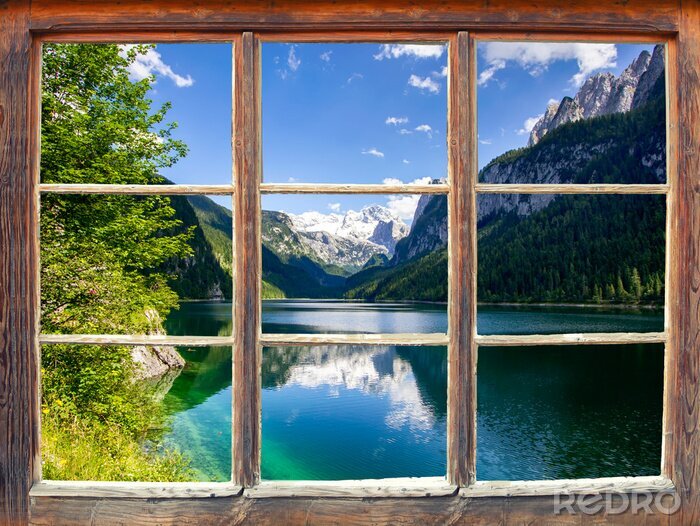 Poster  Motif : lac derrière une fenêtre