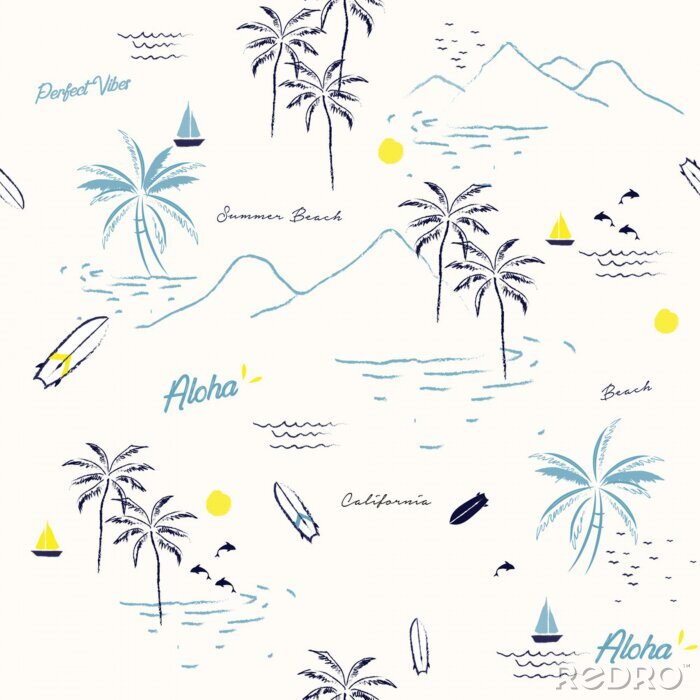 Poster  Motif magnifique île sans soudure sur fond blanc. Paysage avec palmiers, plage et océan vecteur style dessiné à la main.