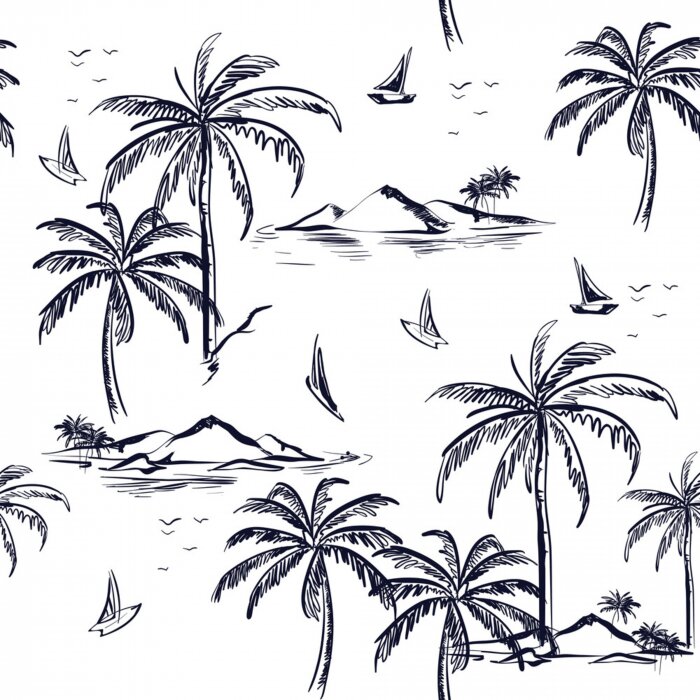 Poster  Motif magnifique île sans soudure sur fond blanc. Paysage avec palmiers, plage et océan vecteur style dessiné à la main.