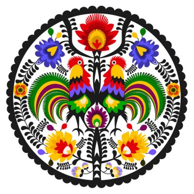 Poster  Motif rond orné de motifs folkloriques représentant des coqs