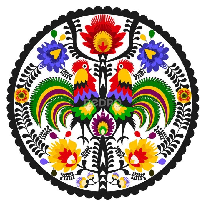 Poster  Motif rond orné de motifs folkloriques représentant des coqs