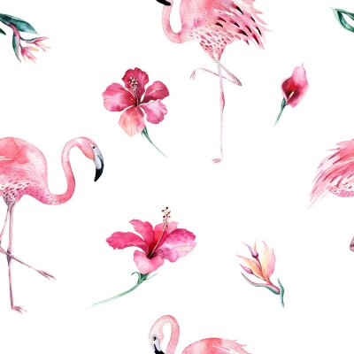 Motif transparent isolé tropical avec flamant. Dessin au tropique d'aquarelle, oiseau rose et palmier vert, texture tropicale verte, fleur exotique. Ensemble Aloha
