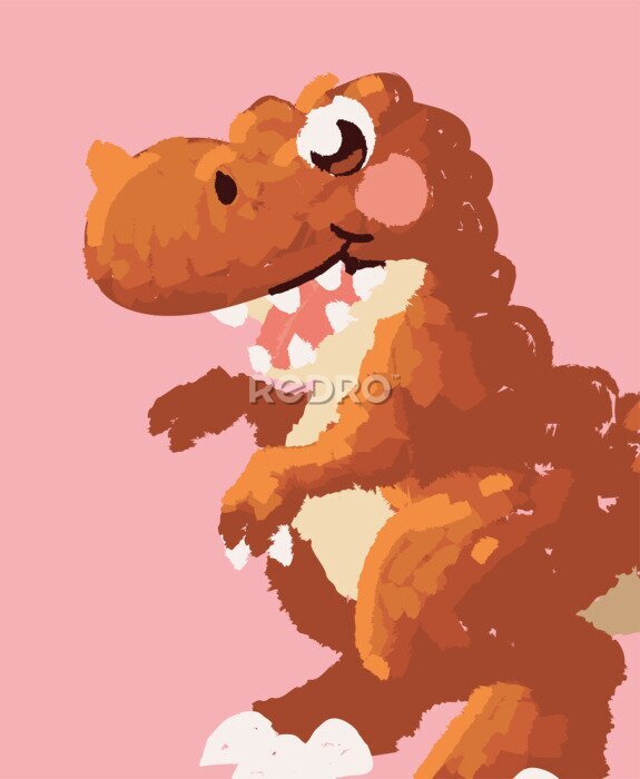 Poster  Motif version dessin animé avec un dinosaure sur un fond rose