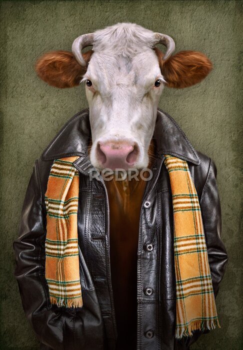 Poster  Motif vintage d'une vache avec des vêtements