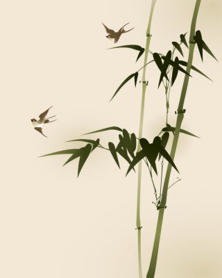 Poster  Motifs de bambou avec des oiseaux