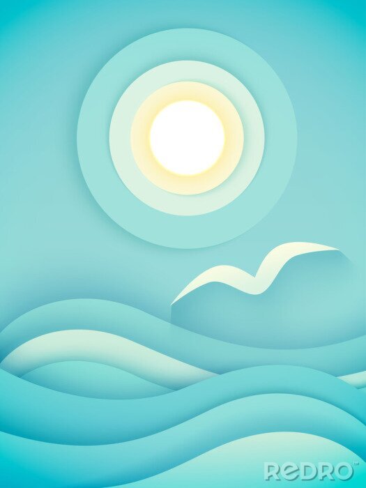 Poster  Mouette volant au-dessus de l'eau au graphique du soleil