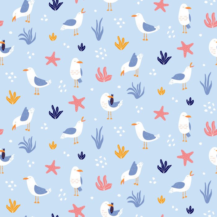 Poster  Mouettes et plantes sur fond bleu