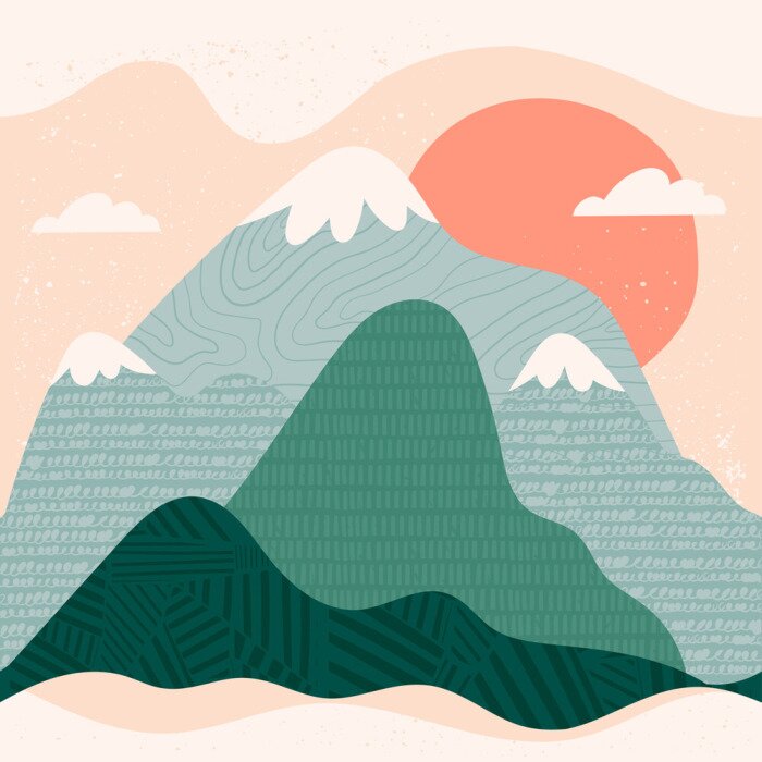 Poster  Mountain view. Mountains, hills, clouds, sun. Paper cut style. Flat abstract design. Scandinavian style illustration. Stamp texture. Hand drawn trendy vector seamless pattern