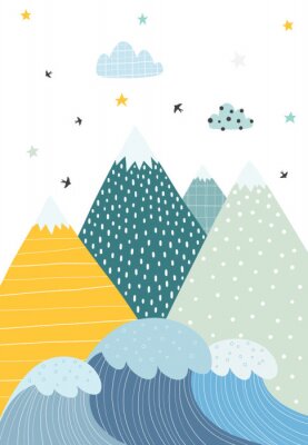 Mountains and waves in a scandinavian style. Illustration of nature for children. Vector illustration with a simple objects.