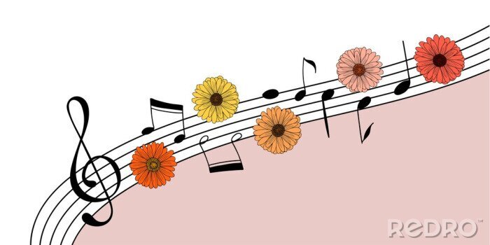 Poster  Music and flowers invitation background. Creative template with a clef, hand drawn music notes and flowers. Great to place text for an open air concert in a garden or park. Vector