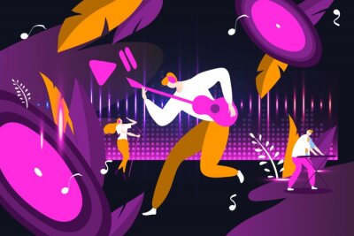 Poster  Musician character male band, man guitarist play pop music woman sing popular song, person keyboardist flat vector illustration. Group people write music, concept music sound system column.