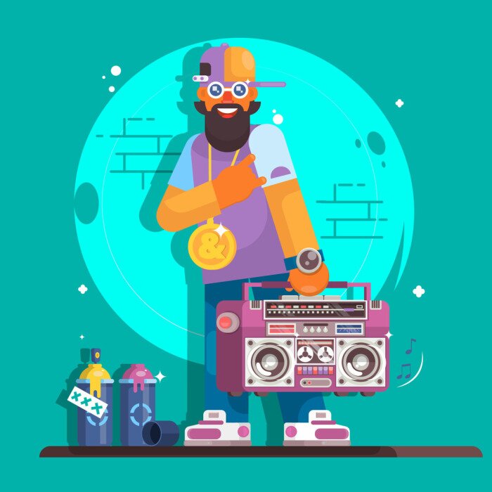 Poster  Musicien rappeur dans une casquette de baseball. Fashion hip hop homme mec. Illustration de caractère vectoriel