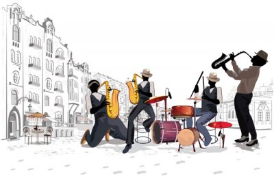 Musiciens à la fête. Groupe de jazz. Illustration vectorielle dessinés à la main