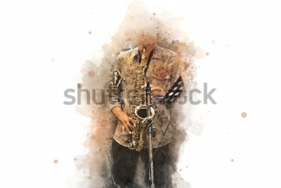 Poster  Musique et saxophoniste à l'aquarelle