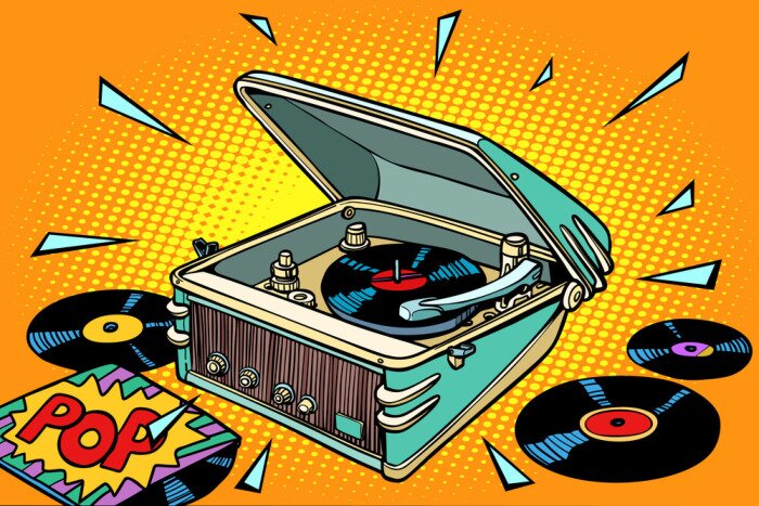 Poster  musique pop, disques vinyles et gramophone