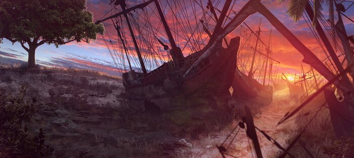 Poster  Naufrage sur fond de coucher de soleil