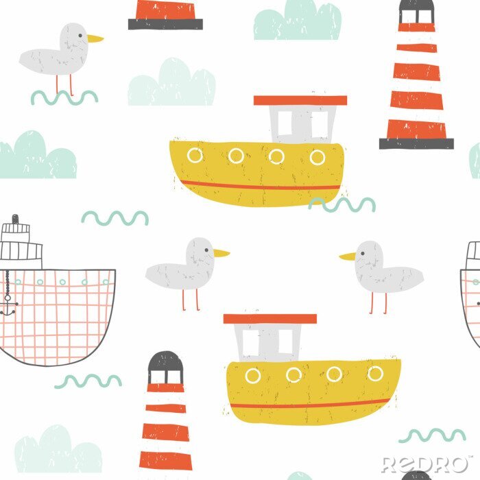 Poster  Nautical seamless pattern with ships and lighthouse. Kids hand drawn print. Vector illustration.