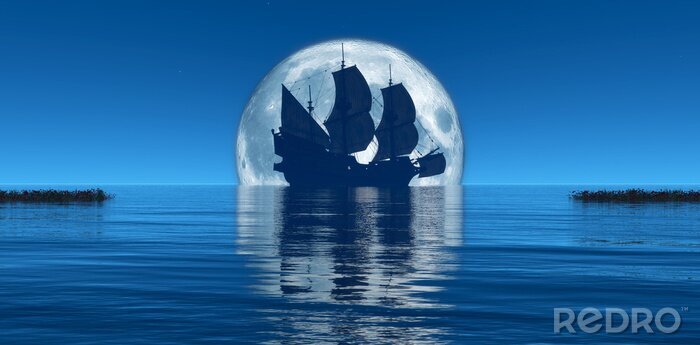 Poster  Navire en mer sur fond de lune