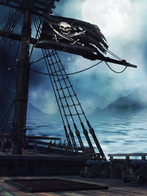 Poster  Navire et drapeau pirate la nuit
