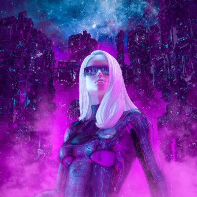Poster  Neon night heroine / 3D illustration of beautiful blond woman with sunglasses in futuristic neon lit cyberpunk city