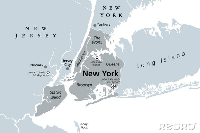 Poster  New York City gray political map. Most populous city in the United States located in the state of New York. Manhattan, Bronx, Queens, Brooklyn and Staten Island. English labeling. Illustration. Vector